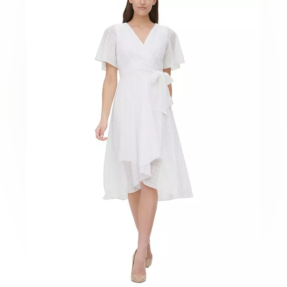 Tommy Hilfiger White Eyelet Faux Wrap Dress with Belt Size 6
